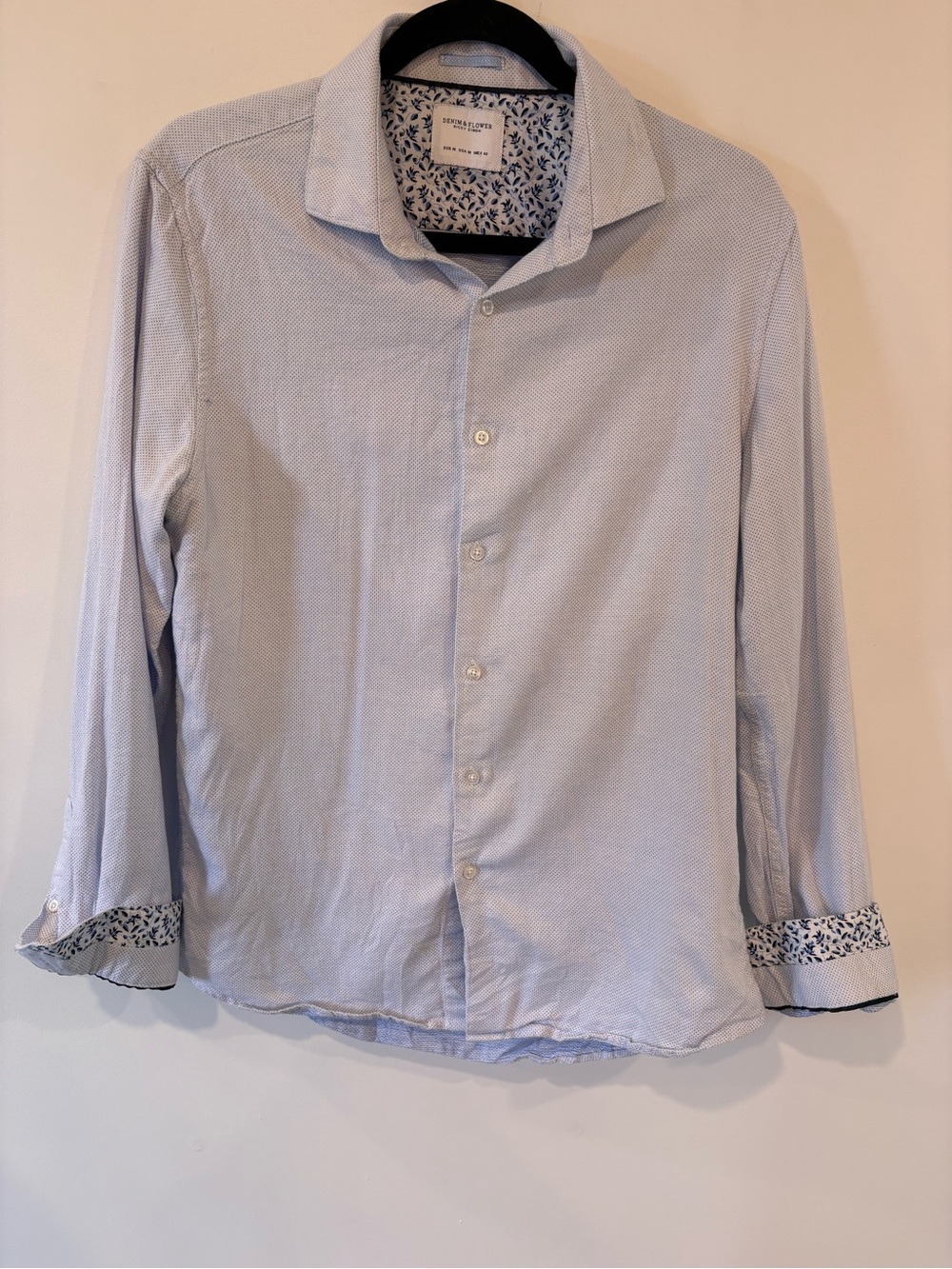Denim & Flower Light Blue Men's Dress Shirt with Patterned Cuffs 100% Cotton